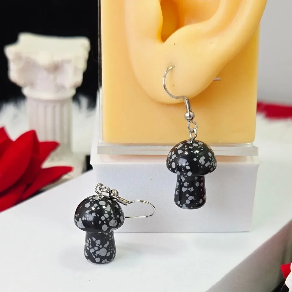 Black Howlite Mushroom Earrings Natural Stone Dangle Stainless Steel Boho Moody